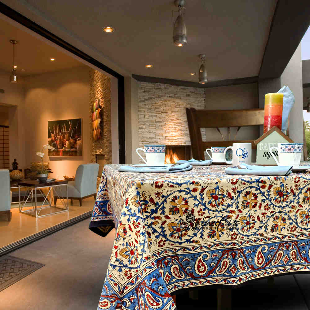 Vintage Paisley Block Print Cotton Floral Tablecloth Rectangle, Aqua Dusk