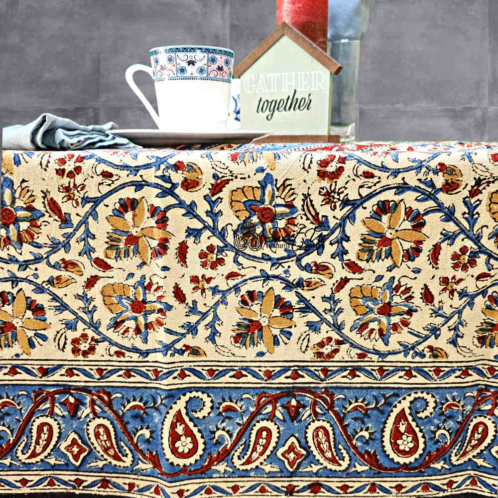 Vintage Paisley Block Print Cotton Floral Tablecloth Rectangle, Aqua Dusk