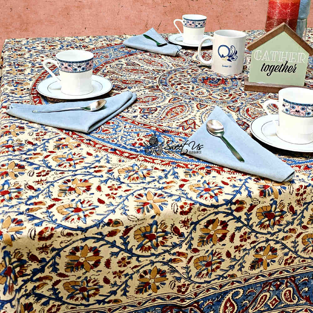 Vintage Paisley Block Print Cotton Floral Tablecloth Square, Aqua Dusk