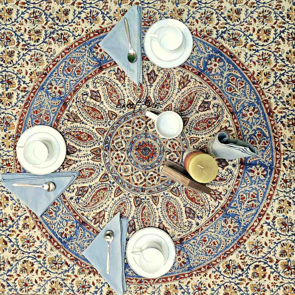 Vintage Paisley Block Print Cotton Floral Tablecloth Rectangle, Aqua Dusk