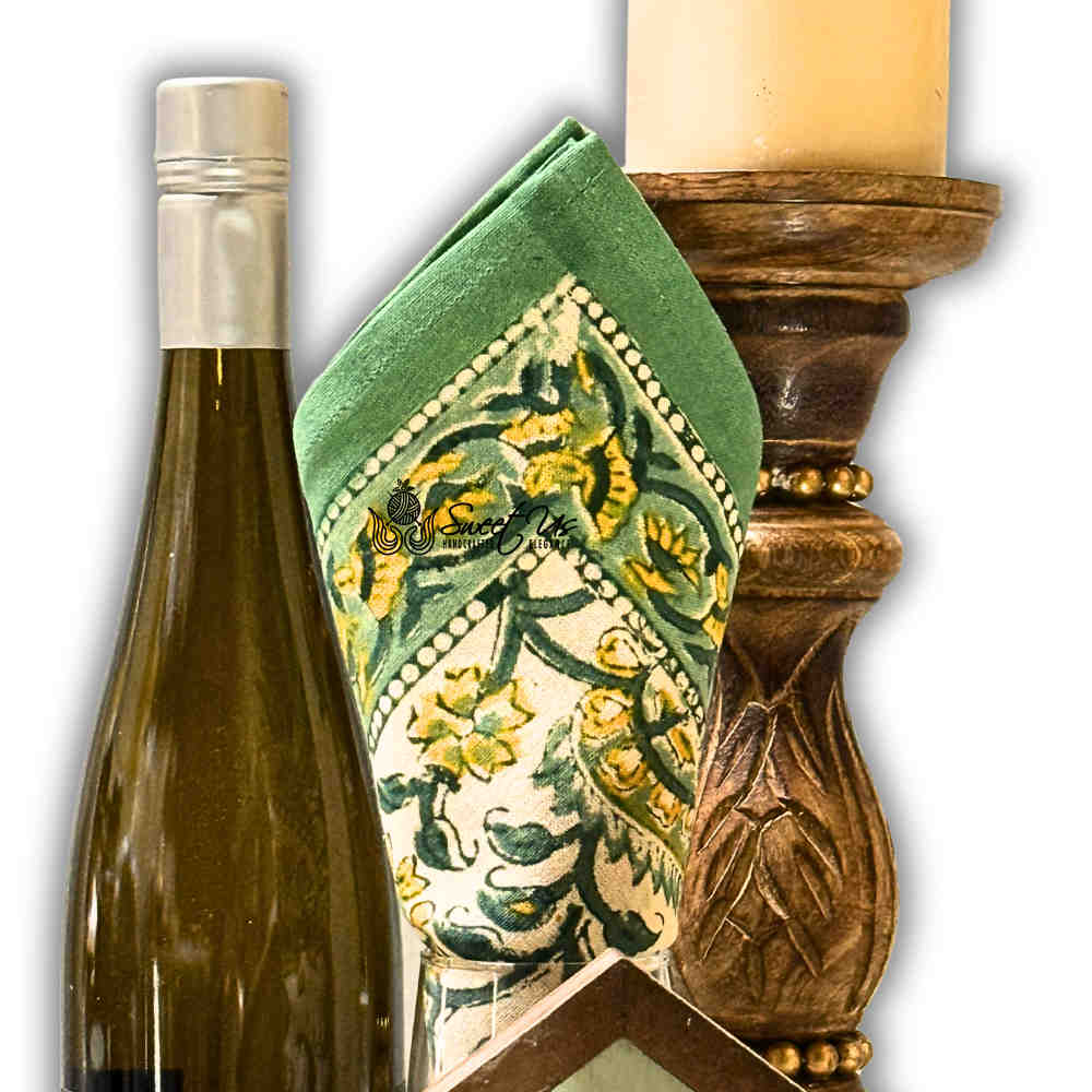 Parisian Paisley Floral Block Print Cotton Set of 4 Napkins, Lime Terrace