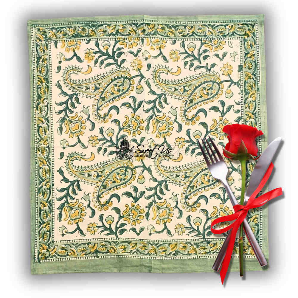 Parisian Paisley Floral Block Print Cotton Set of 4 Napkins, Lime Terrace - Sweet Us