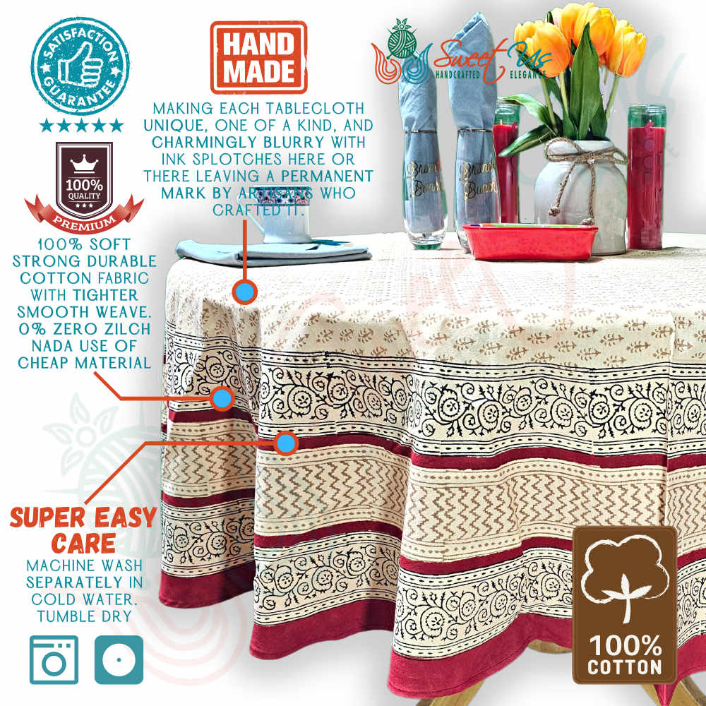 Handmade Hand Block Print Bagru Floral Tablecoth Round 72 Inch 100% Cotton