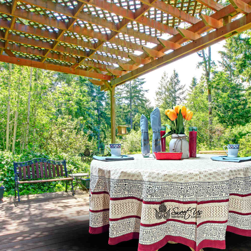 Handmade Hand Block Print Bagru Floral Tablecoth Round 72 Inch 100% Cotton