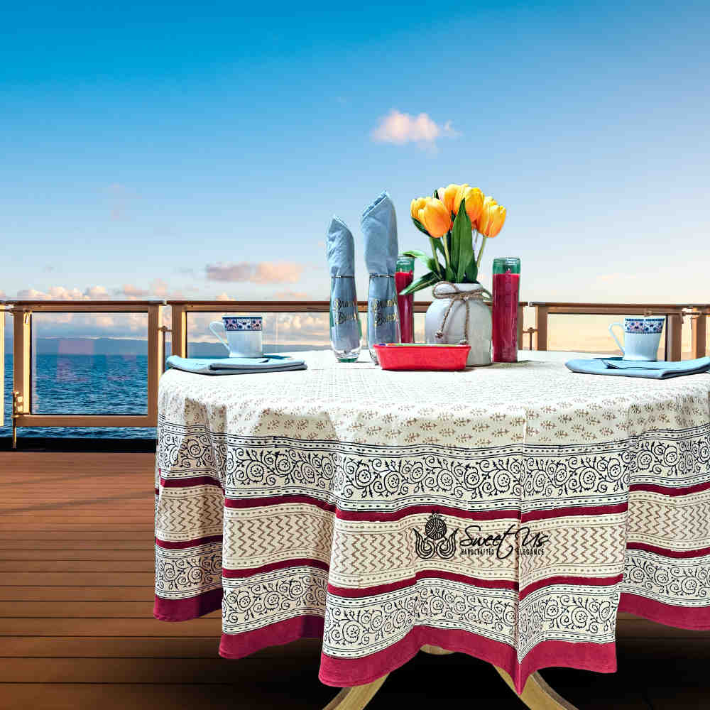 Handmade Hand Block Print Bagru Floral Tablecoth Round 72 Inch 100% Cotton