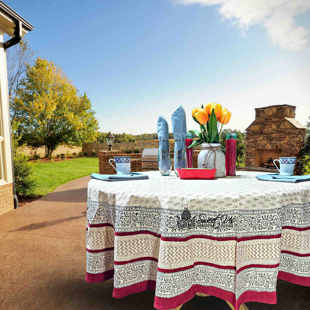 Handmade Hand Block Print Bagru Floral Tablecoth Round 72 Inch 100% Cotton