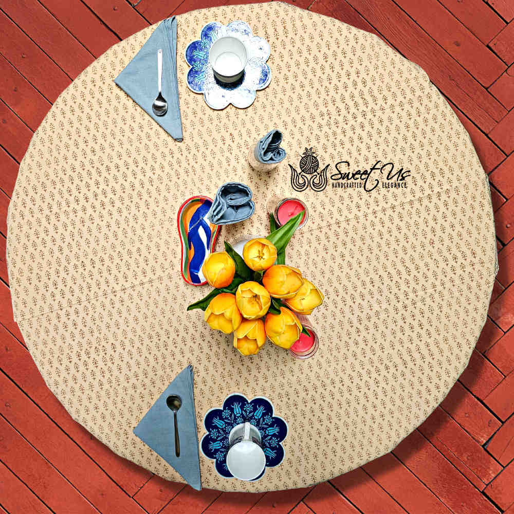 Handmade Hand Block Print Bagru Floral Tablecoth Round 72 Inch 100% Cotton