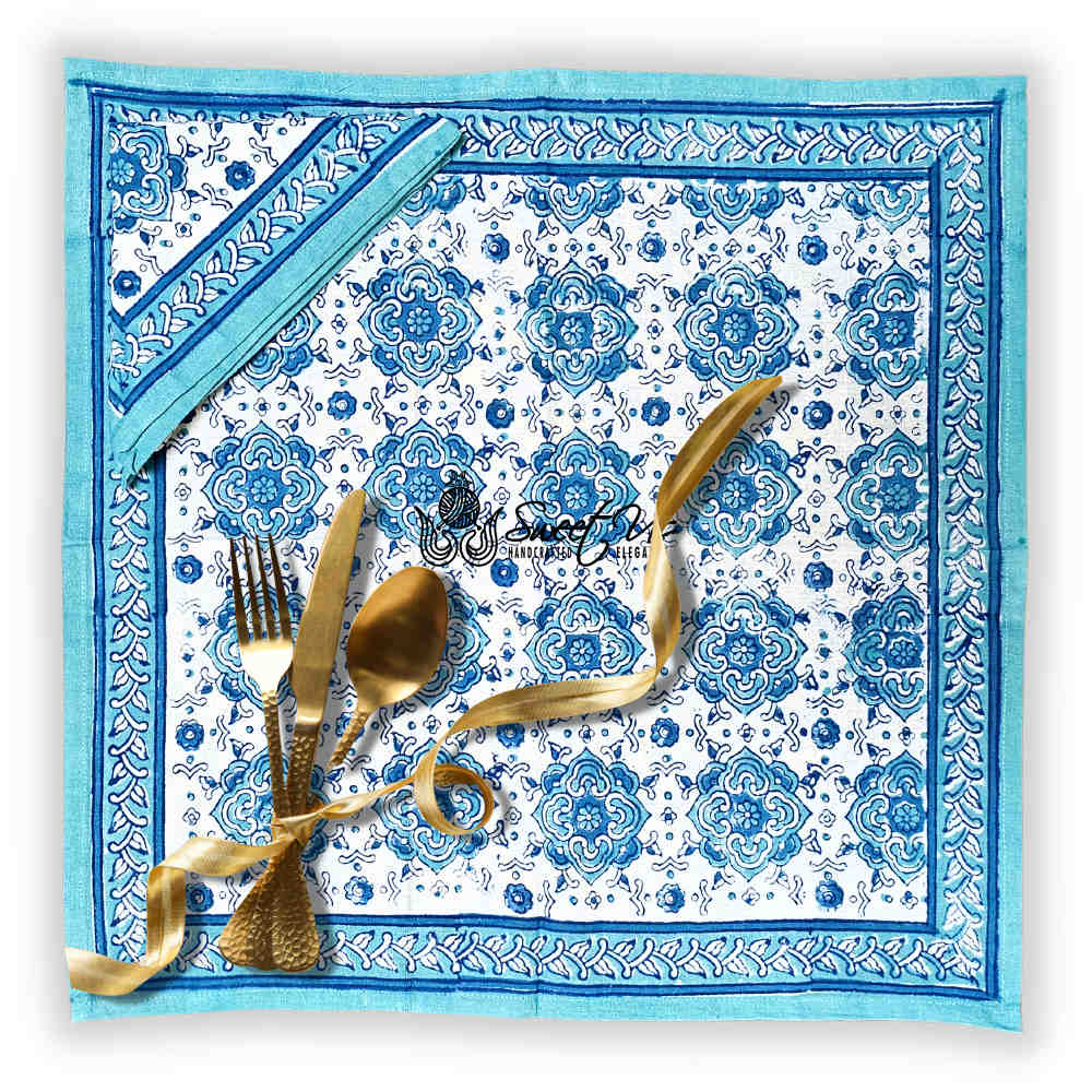 Cotton Springtime Splendor Tablecloth Collection, Ice Blue