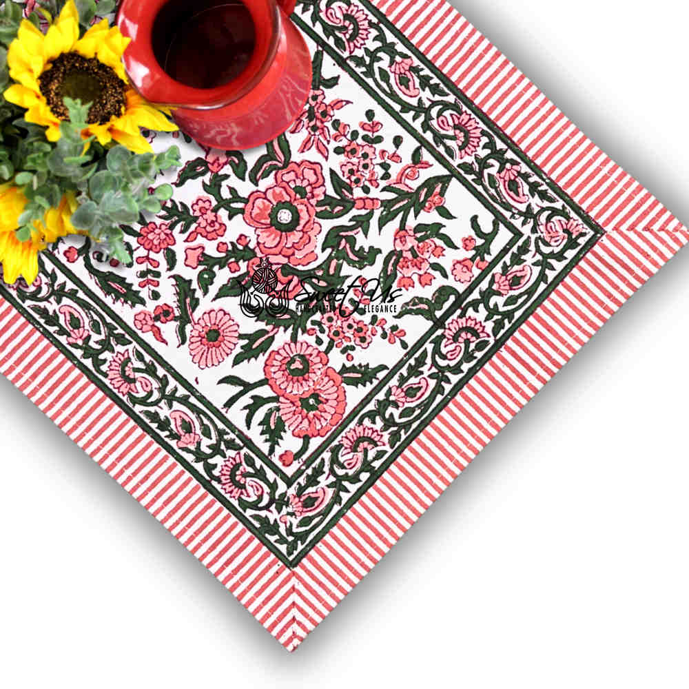 Rose Romance Floral Cotton Block Print Set of 4 Placemats, Pretty in Pink - Sweet Us