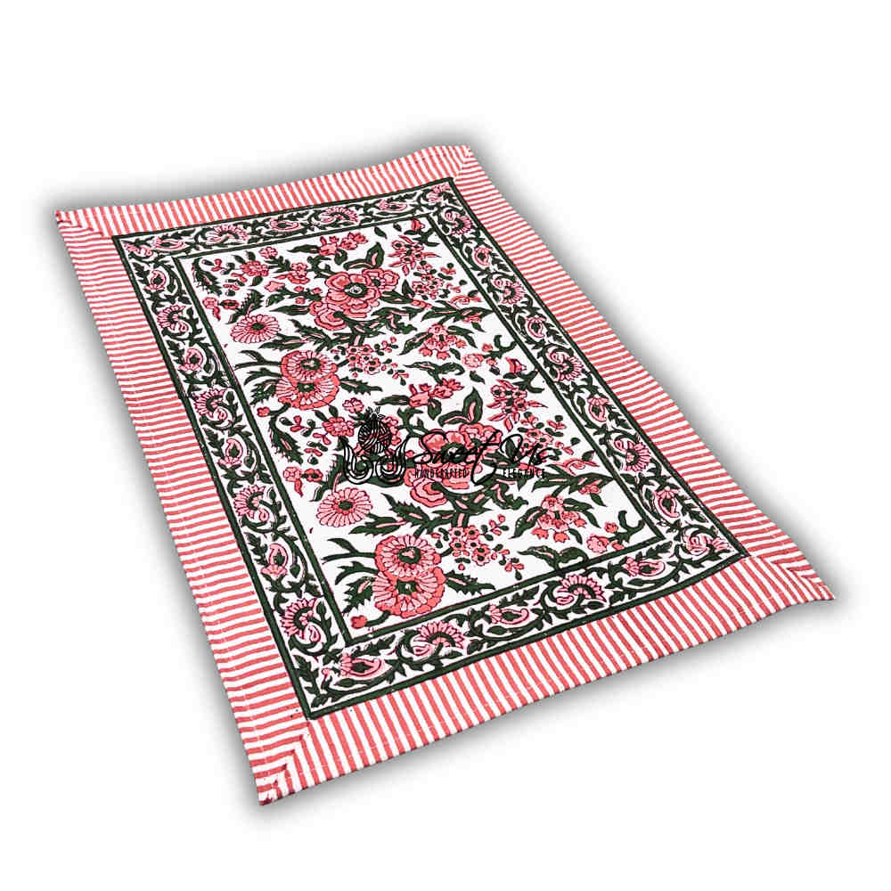 Rose Romance Floral Cotton Block Print Set of 4 Placemats, Pretty in Pink - Sweet Us
