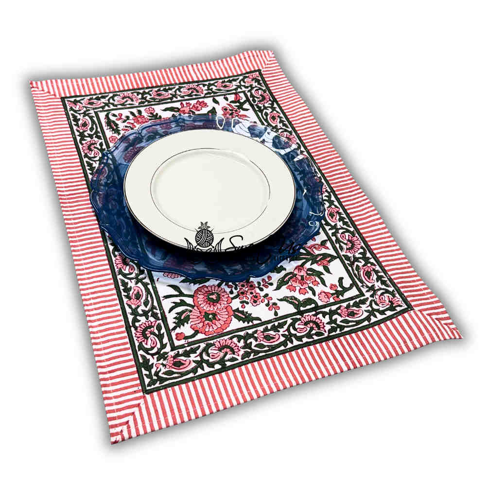 Rose Romance Floral Cotton Block Print Set of 4 Placemats, Pretty in Pink - Sweet Us