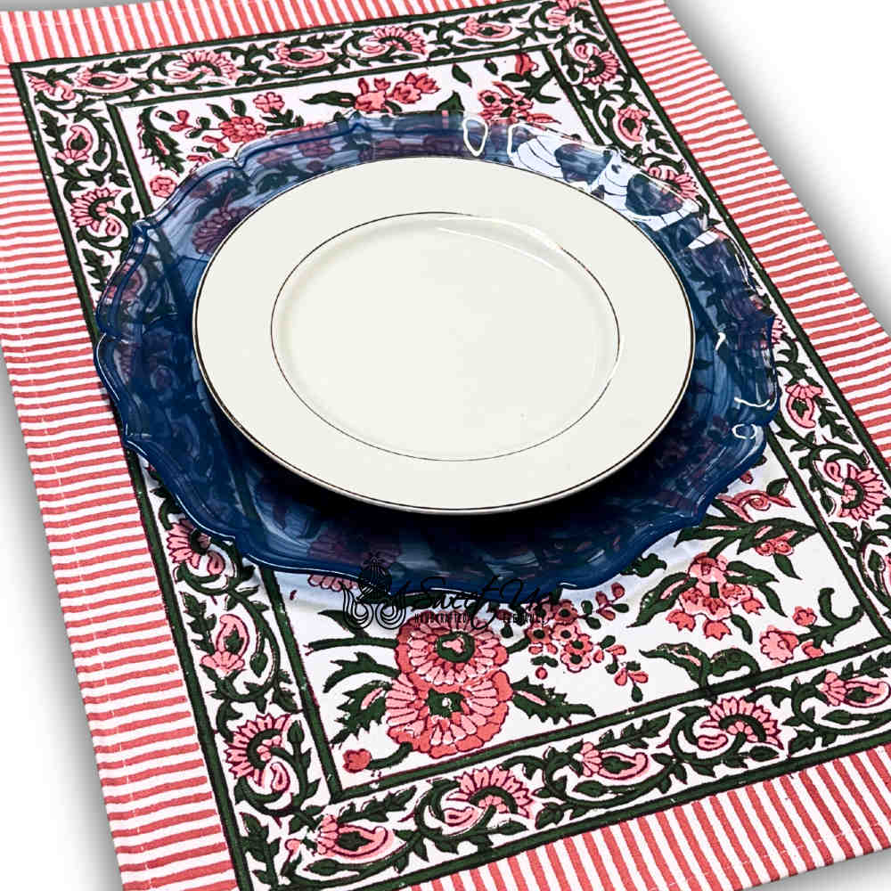 Rose Romance Floral Cotton Block Print Set of 4 Placemats, Pretty in Pink - Sweet Us