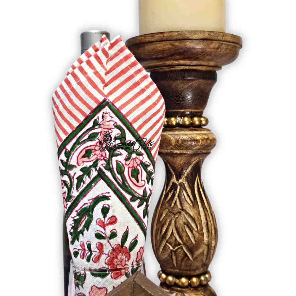 Rose Romance Floral Cotton Block Print Table Napkin, Pretty in Pink