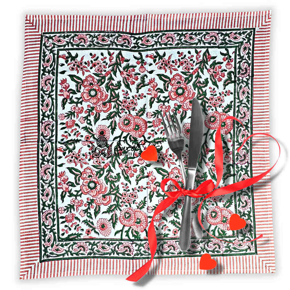 Rose Romance Floral Cotton Block Print Table Napkin, Pretty in Pink