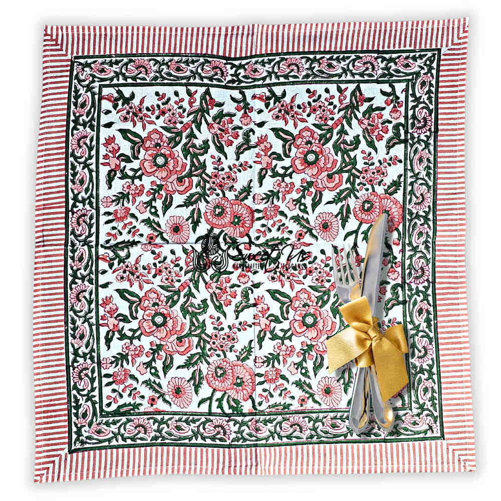 Rose Romance Floral Cotton Block Print Table Napkin, Pretty in Pink