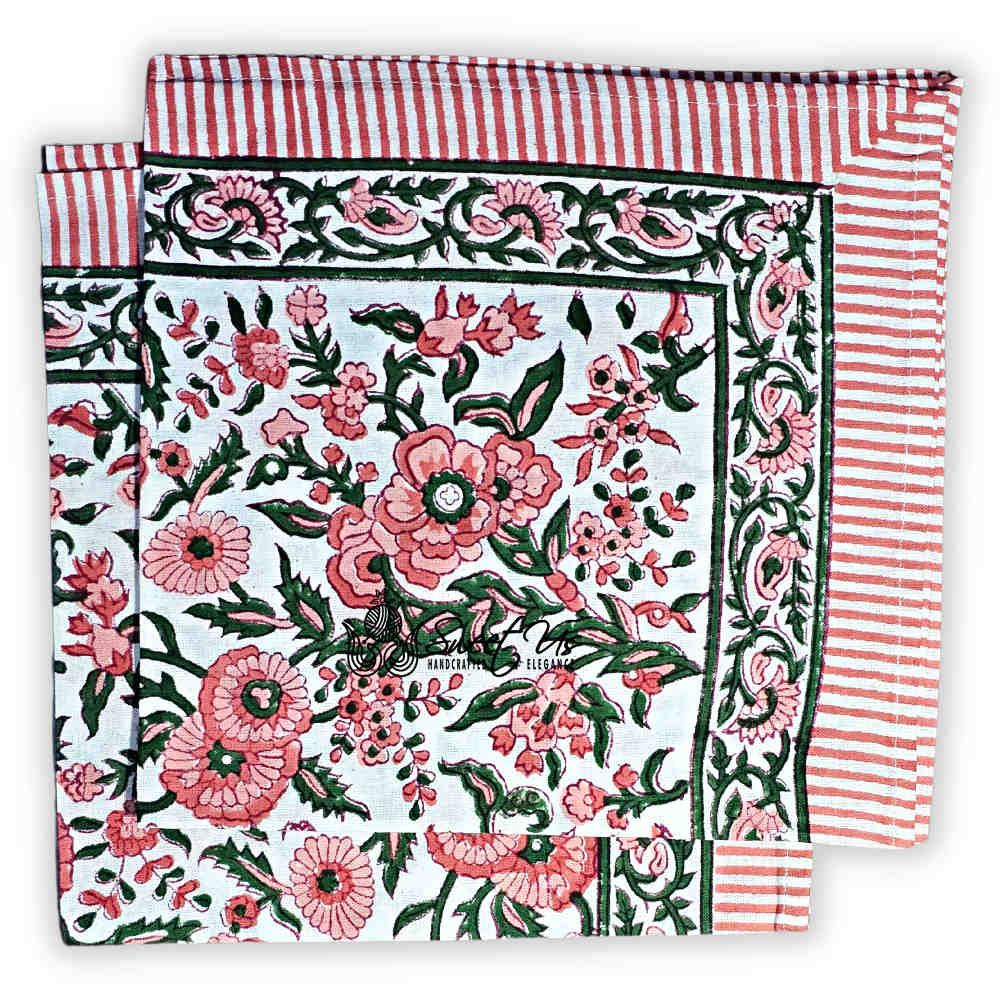 Rose Romance Floral Cotton Block Print Table Napkin, Pretty in Pink