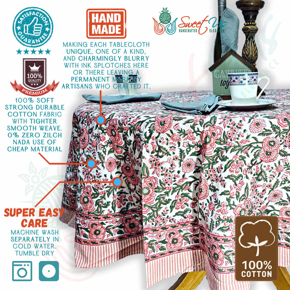 Rose Romance Floral Cotton Block Print Tablecloth Round, Pretty in Pink