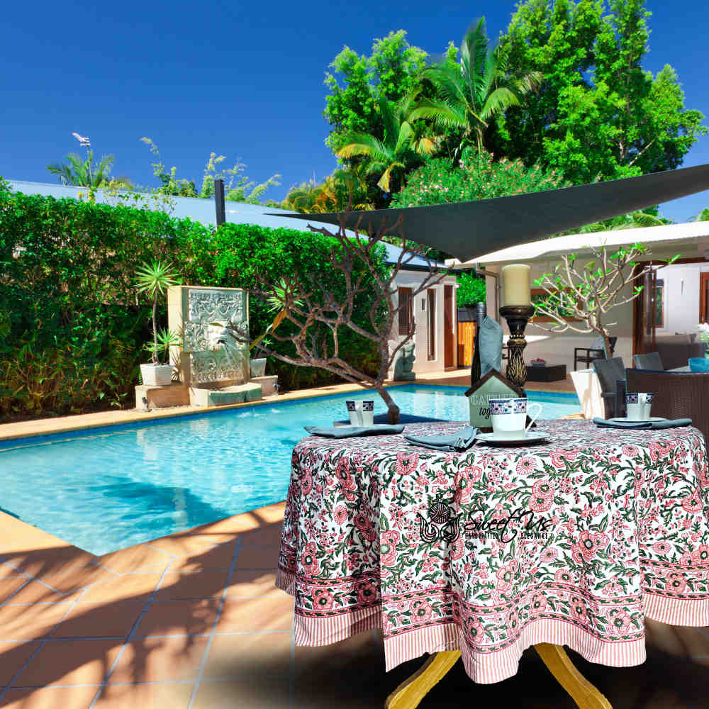 Rose Romance Floral Cotton Block Print Tablecloth Round, Pretty in Pink