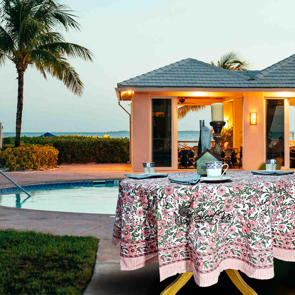 Rose Romance Floral Cotton Block Print Tablecloth Round, Pretty in Pink