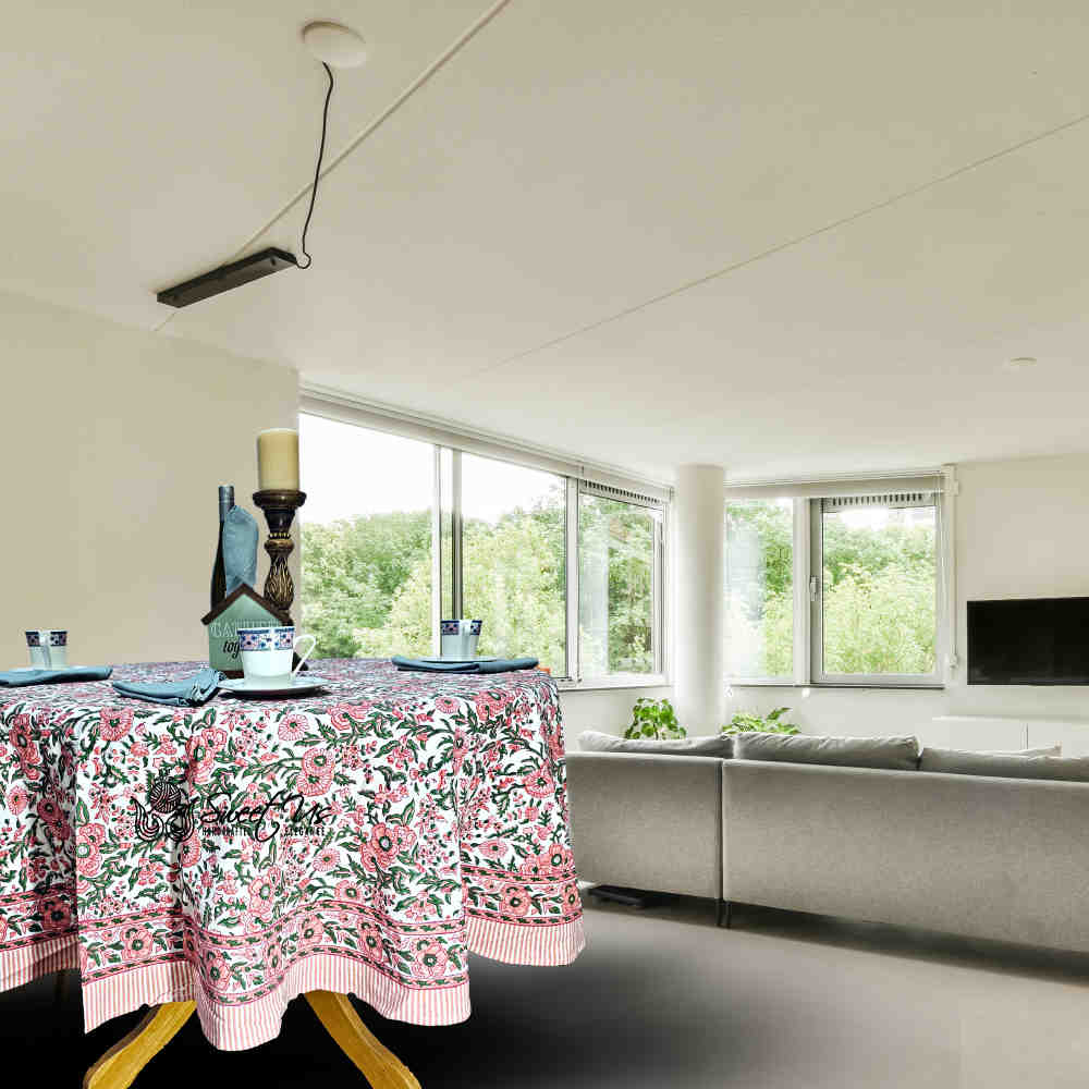 Rose Romance Floral Cotton Block Print Tablecloth Round, Pretty in Pink