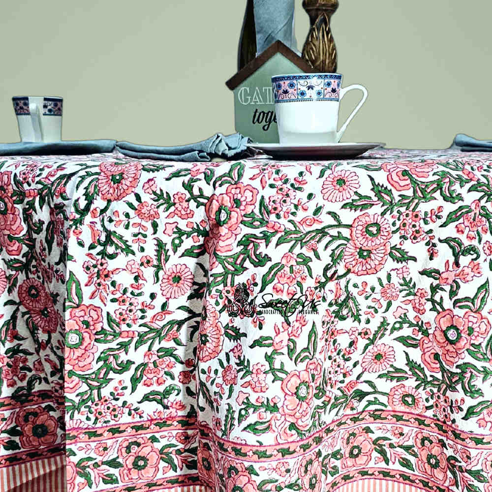 Rose Romance Floral Cotton Block Print Tablecloth Round, Pretty in Pink