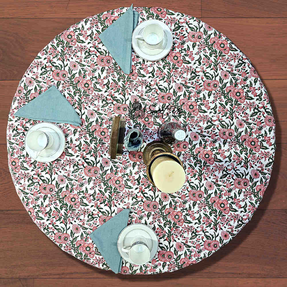 Rose Romance Floral Cotton Block Print Tablecloth Round, Pretty in Pink