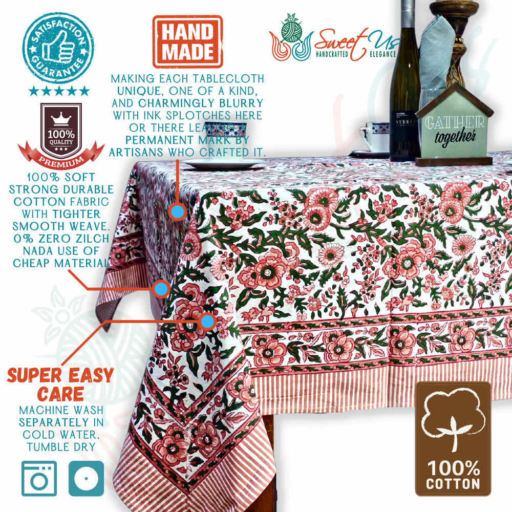 Rose Romance Floral Cotton Block Print Tablecloth Rectangle, Pretty in Pink