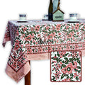 Rose Romance Floral Cotton Block Print Tablecloth Rectangle, Pretty in Pink - Sweet Us