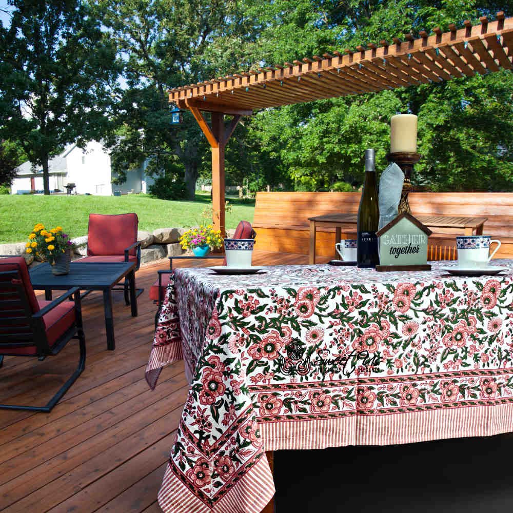 Rose Romance Floral Cotton Block Print Tablecloth Square, Pretty in Pink