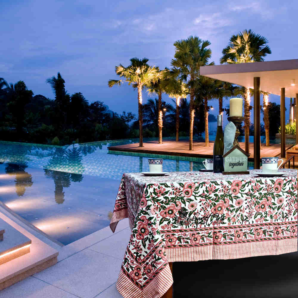 Rose Romance Floral Cotton Block Print Tablecloth Rectangle, Pretty in Pink