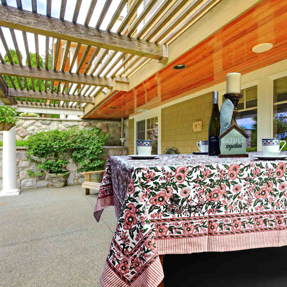 Rose Romance Floral Cotton Block Print Tablecloth Rectangle, Pretty in Pink