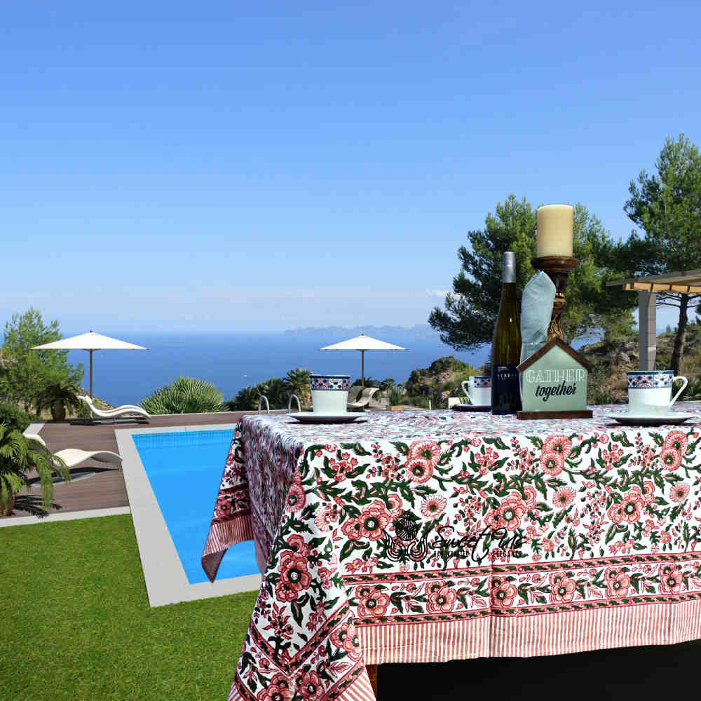 Rose Romance Floral Cotton Block Print Tablecloth Square, Pretty in Pink