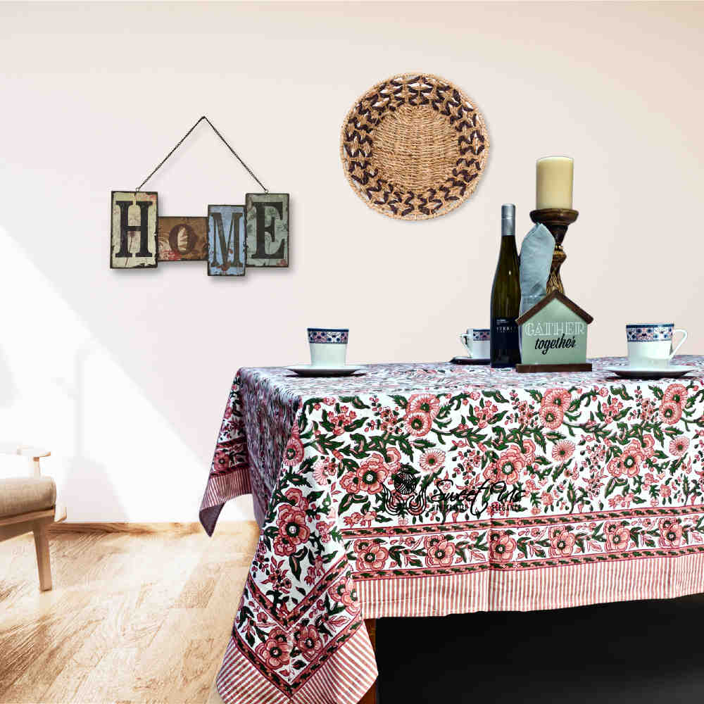 Rose Romance Floral Cotton Block Print Tablecloth Rectangle, Pretty in Pink