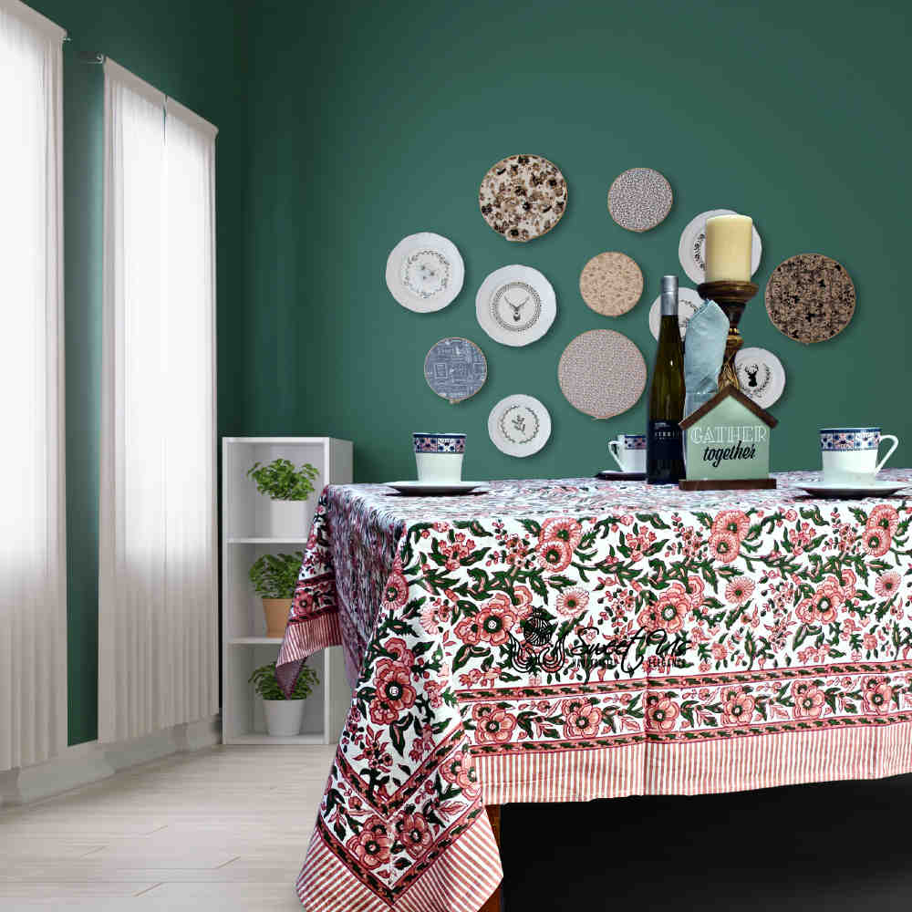 Rose Romance Floral Cotton Block Print Tablecloth Square, Pretty in Pink