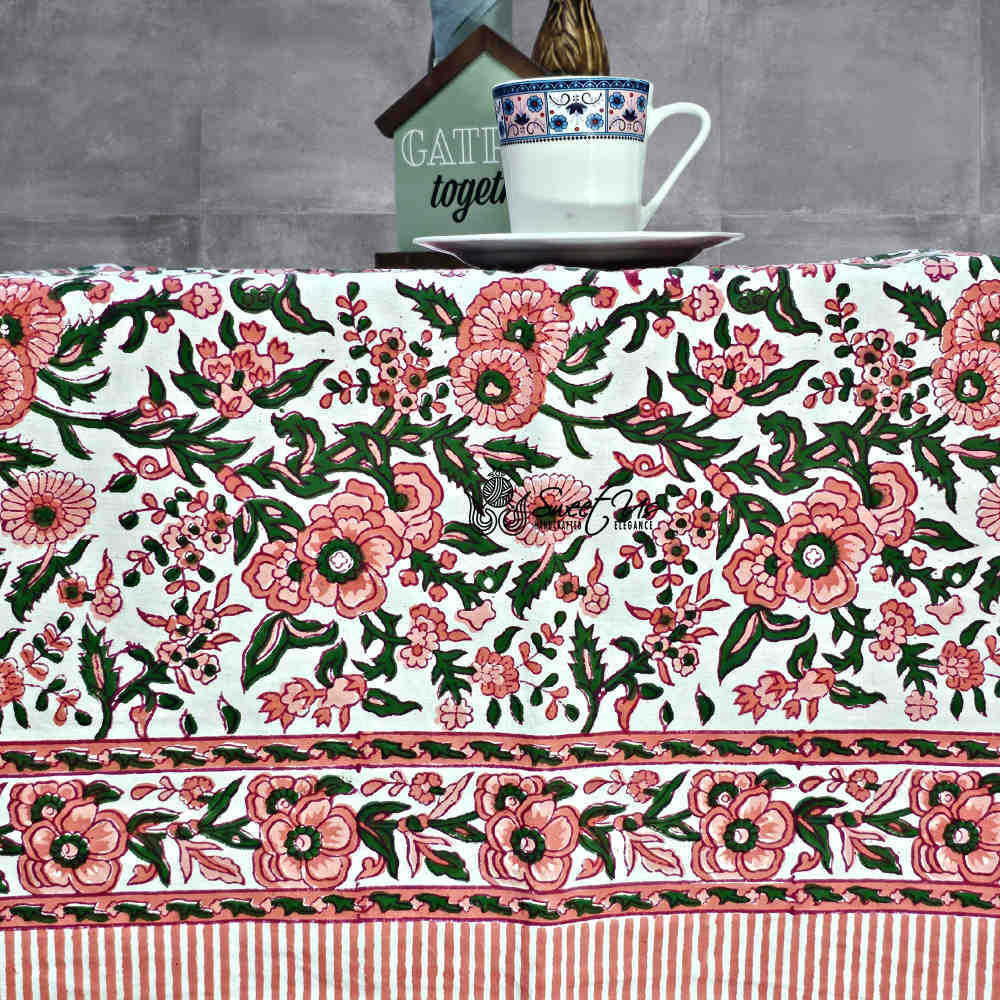 Rose Romance Floral Cotton Block Print Tablecloth Rectangle, Pretty in Pink