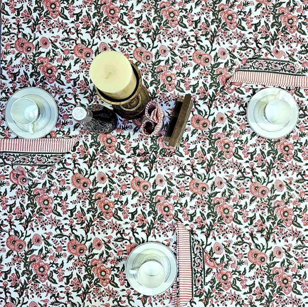 Rose Romance Floral Cotton Block Print Tablecloth Square, Pretty in Pink