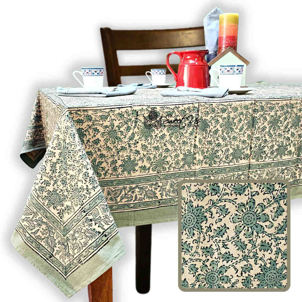 Daisy Bouquet Block Print Cotton Floral Tablecloth Square, Minty Breeze