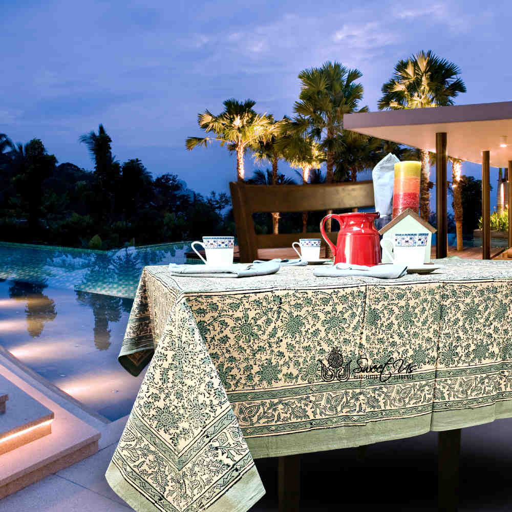 Daisy Bouquet Block Print Cotton Floral Tablecloth Rectangle, Minty Breeze