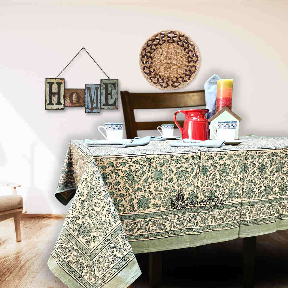 Daisy Bouquet Block Print Cotton Floral Tablecloth Rectangle, Minty Breeze