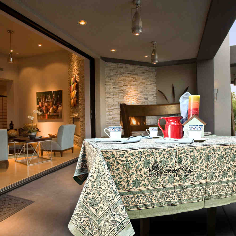 Daisy Bouquet Block Print Cotton Floral Tablecloth Rectangle, Minty Breeze