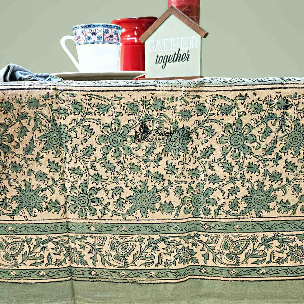 Daisy Bouquet Block Print Cotton Floral Tablecloth Square, Minty Breeze