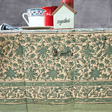 Daisy Bouquet Block Print Cotton Floral Tablecloth Rectangle, Minty Breeze
