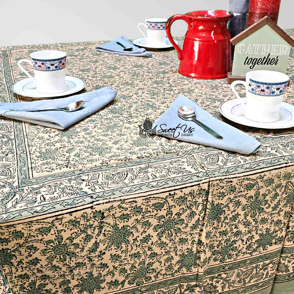 Daisy Bouquet Block Print Cotton Floral Tablecloth Rectangle, Minty Breeze