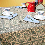 Daisy Bouquet Block Print Cotton Floral Tablecloth Rectangle, Minty Breeze