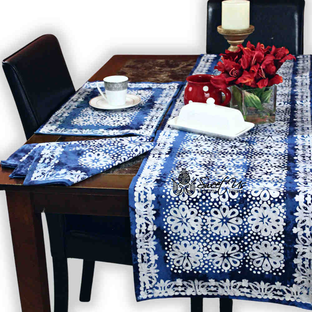 Batik Bloom Cotton Floral Tablecloth Rectangle, Round, Square, Shadow Blue - Sweet Us