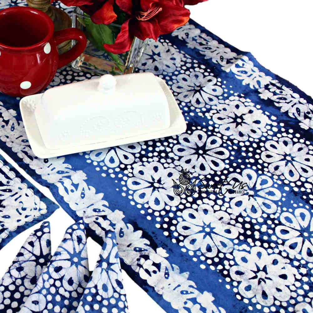 Batik Bloom Cotton Floral Tablecloth Rectangle, Round, Square, Shadow Blue