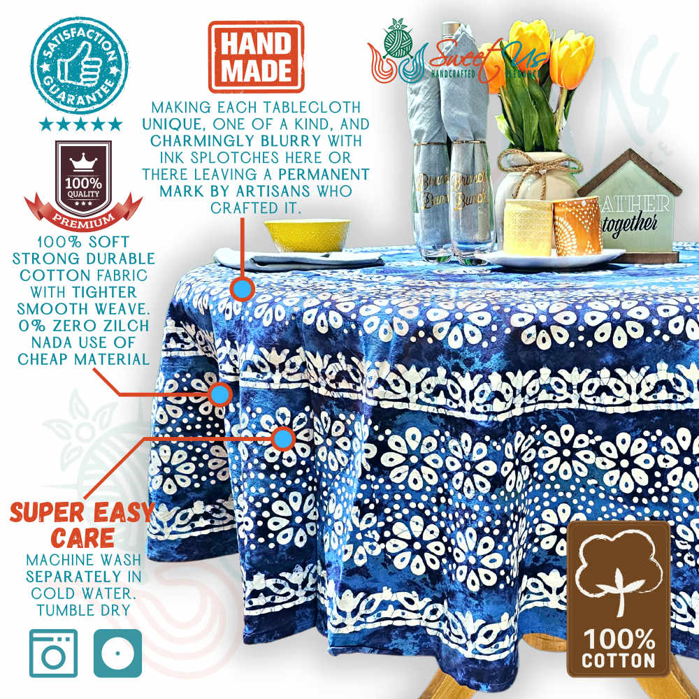 Batik Bloom Cotton Floral Tablecloth Rectangle, Round, Square, Shadow Blue
