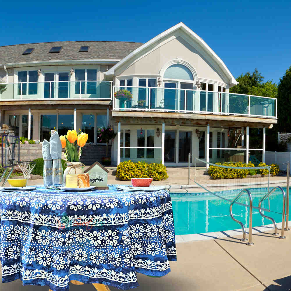 Batik Bloom Cotton Floral Tablecloth Rectangle, Round, Square, Shadow Blue