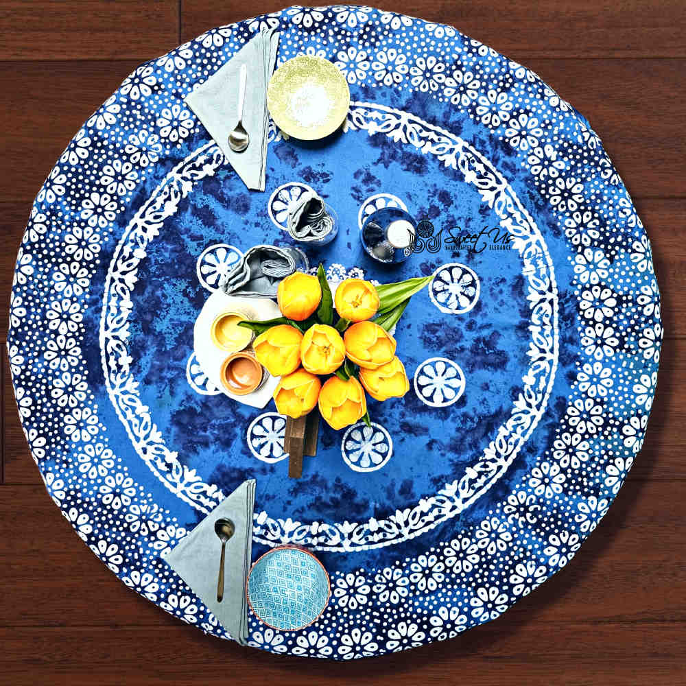 Batik Bloom Cotton Floral Tablecloth Rectangle, Round, Square, Shadow Blue