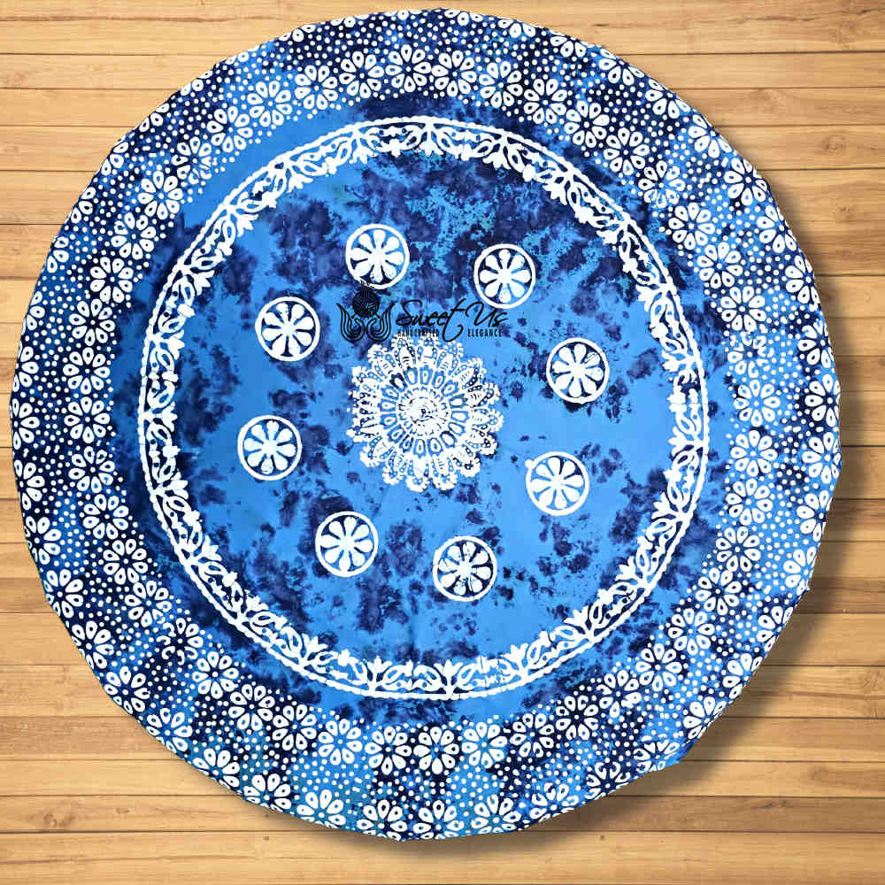 Batik Bloom Cotton Floral Tablecloth Rectangle, Round, Square, Shadow Blue